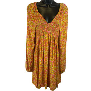 BP Long Sleeve Smocked Bodice Dipped Neckline Babydoll Dress